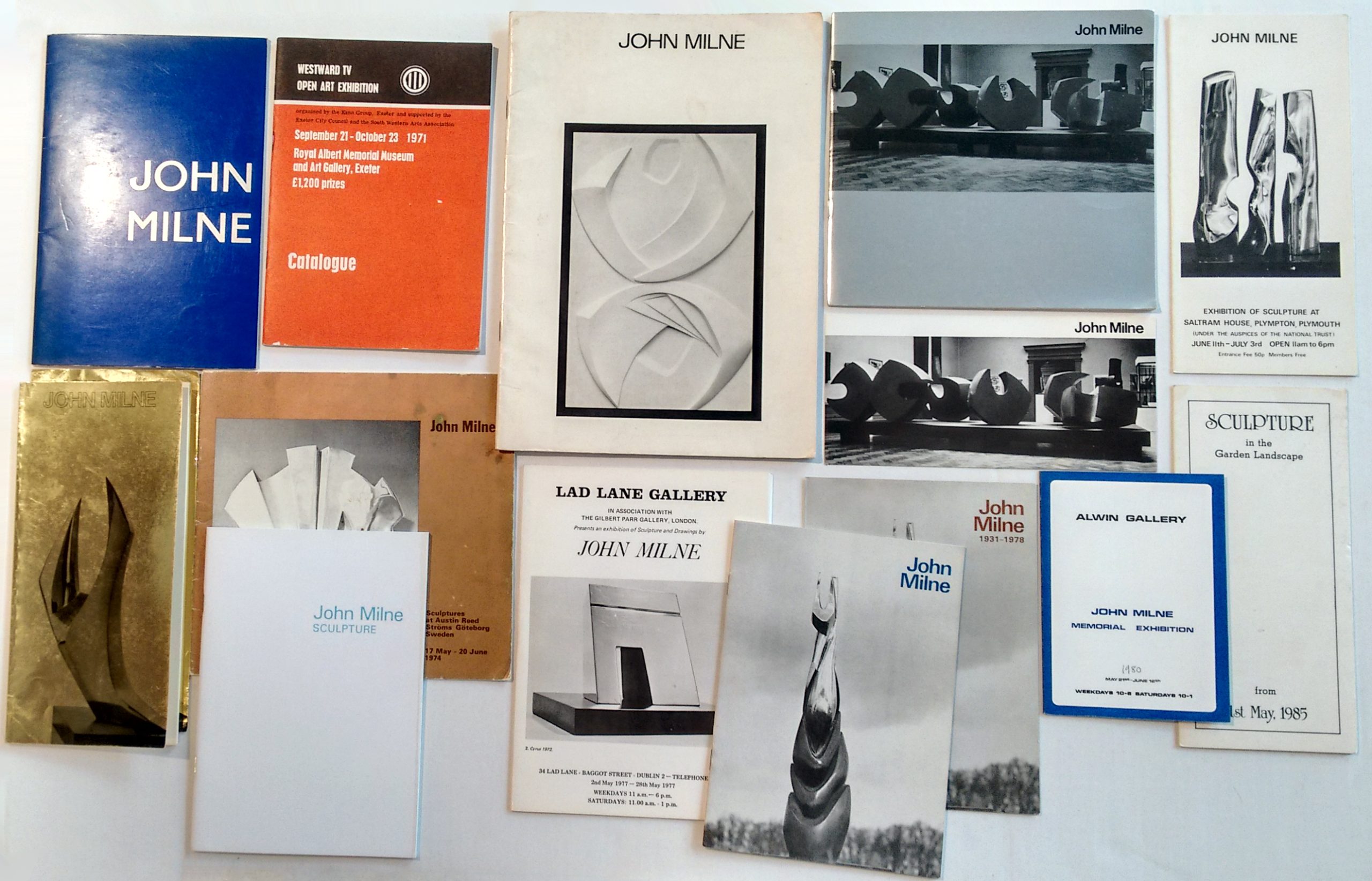 A collection of 13 exhibition catalogues for John Milne, c.1969 to 2008